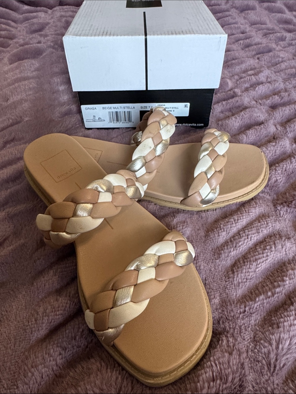 Dolce Vita Beige and Metallic Braided Double-Strap Slide Sandals